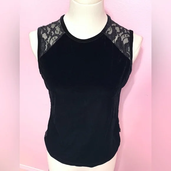 VTG Y2k Black Velvet & Lace Tank Top - S - Picture 1 of 6